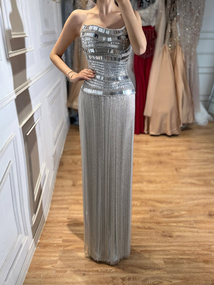 Luxury Gold Crystal Beaded Strapless Tassel Evening Dress LA73785