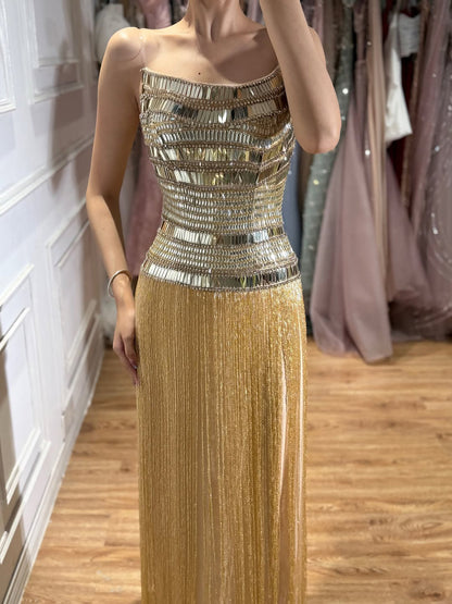Luxury Gold Crystal Beaded Strapless Tassel Evening Dress LA73785