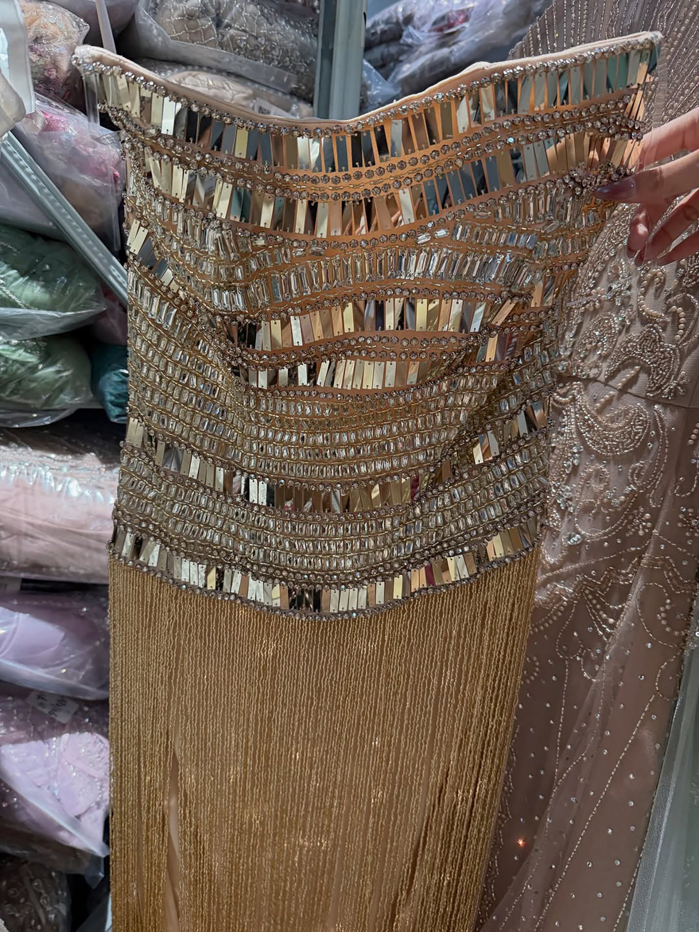 Luxury Gold Crystal Beaded Strapless Tassel Evening Dress LA73785