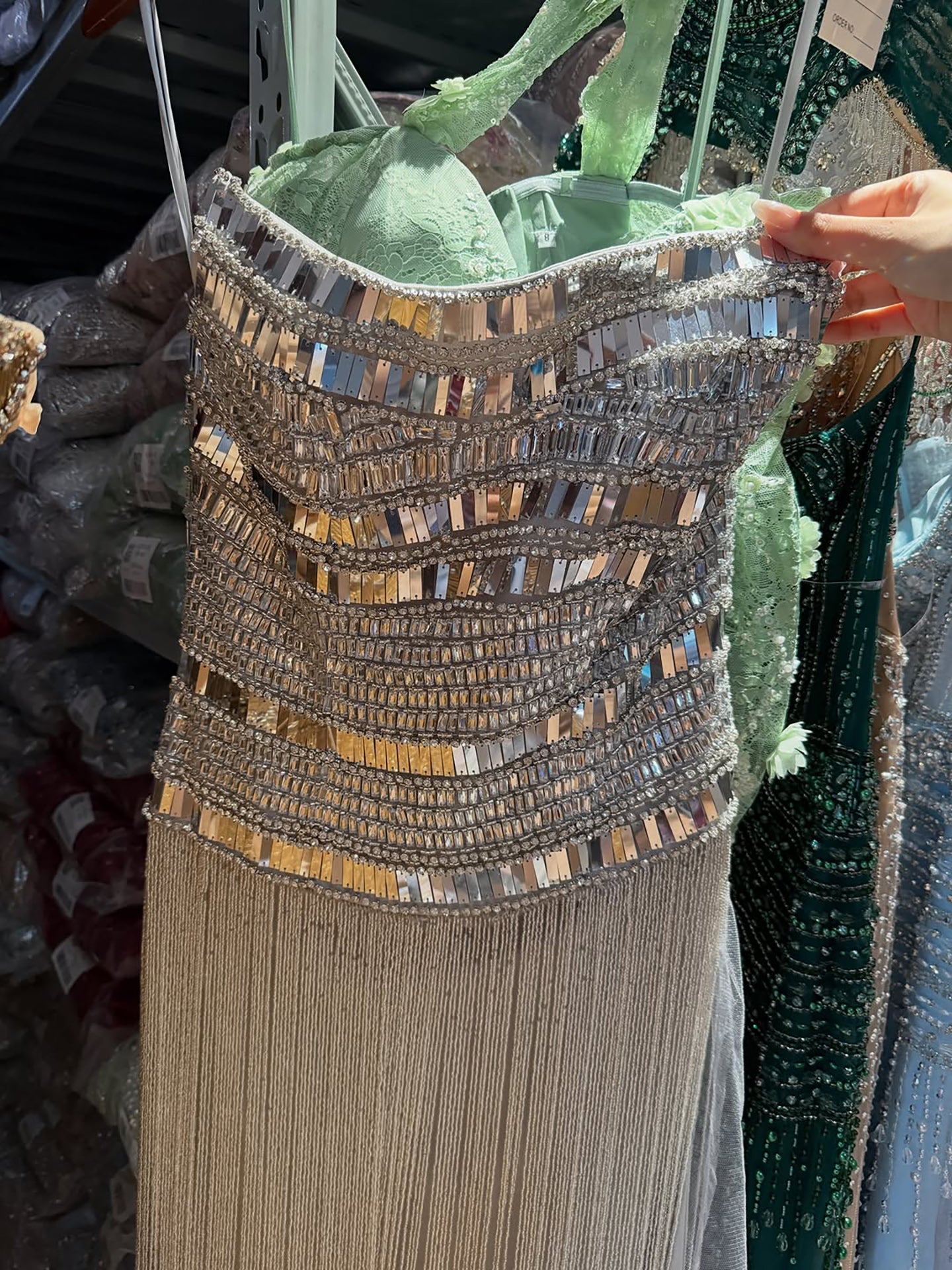 Luxury Gold Crystal Beaded Strapless Tassel Evening Dress LA73785