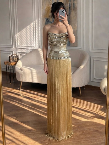 Luxury Gold Crystal Beaded Strapless Tassel Evening Dress LA73785
