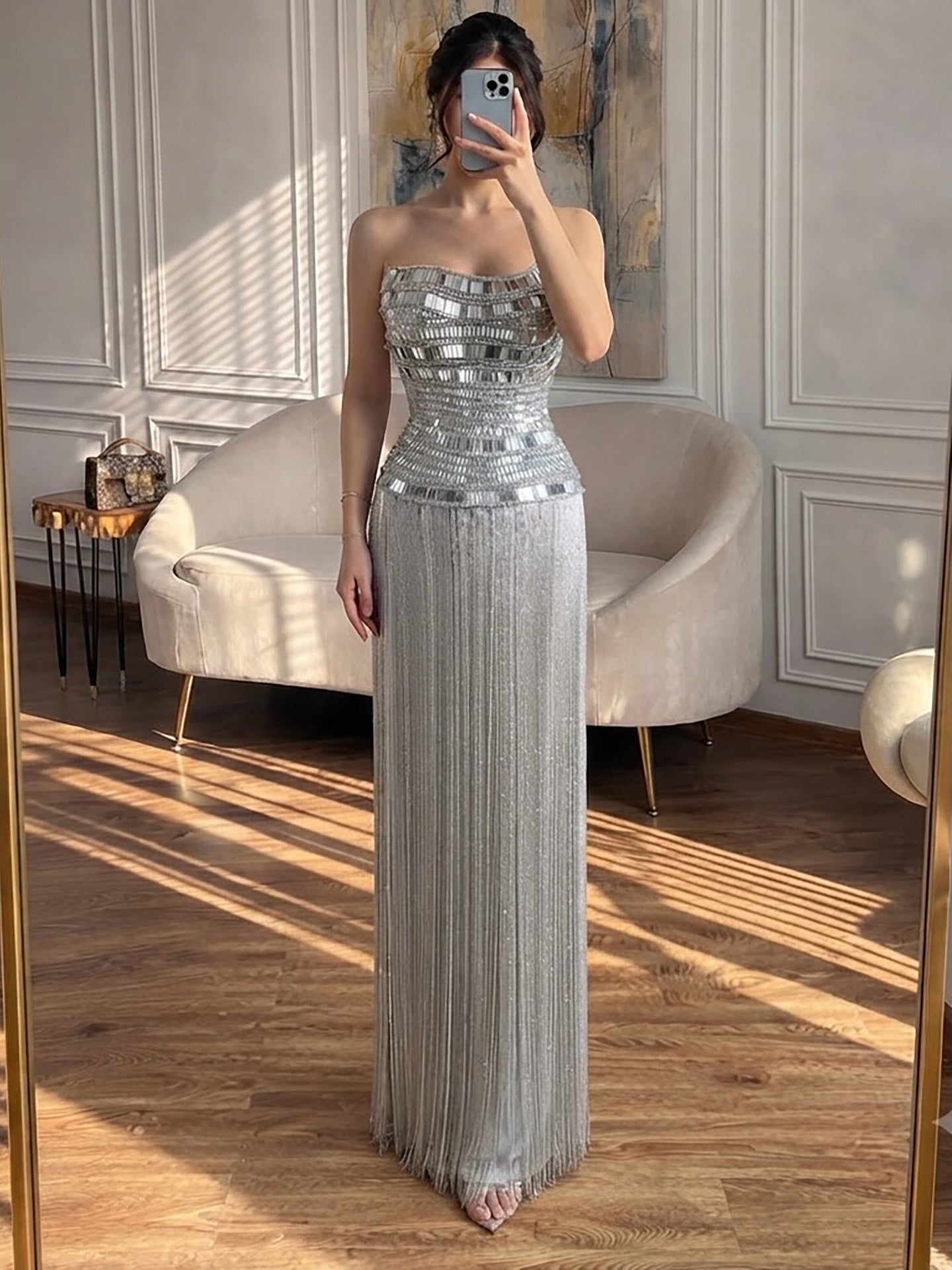 Luxury Gold Crystal Beaded Strapless Tassel Evening Dress LA73785