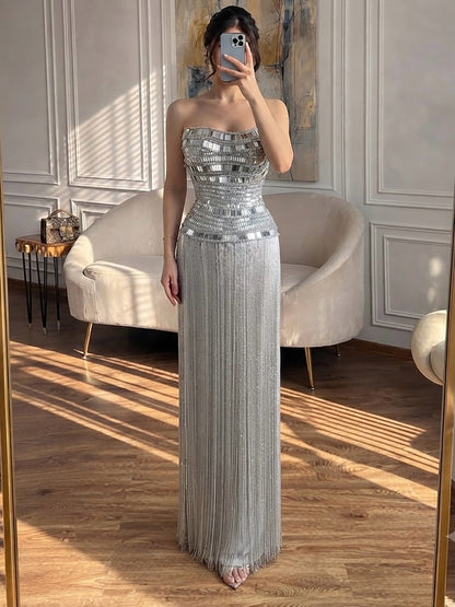 Luxury Gold Crystal Beaded Strapless Tassel Evening Dress LA73785