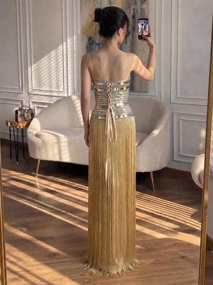 Luxury Gold Crystal Beaded Strapless Tassel Evening Dress LA73785
