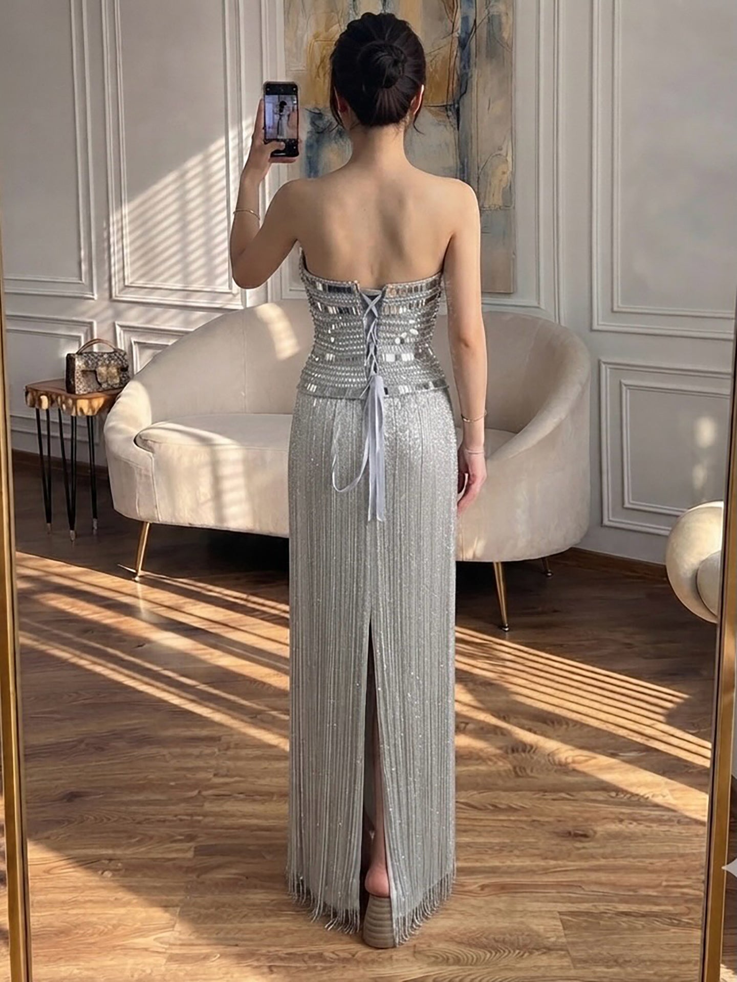 Luxury Gold Crystal Beaded Strapless Tassel Evening Dress LA73785