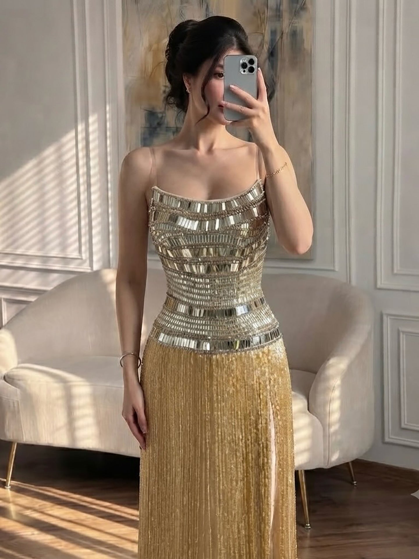 Luxury Gold Crystal Beaded Strapless Tassel Evening Dress LA73785