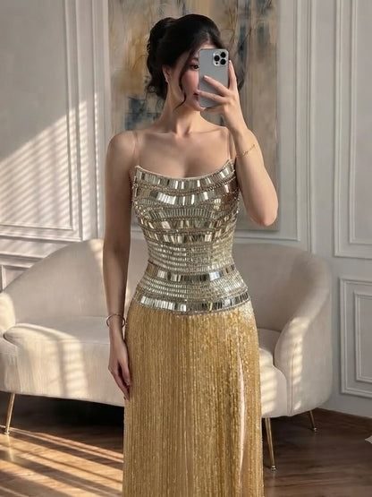 Luxury Gold Crystal Beaded Strapless Tassel Evening Dress LA73785
