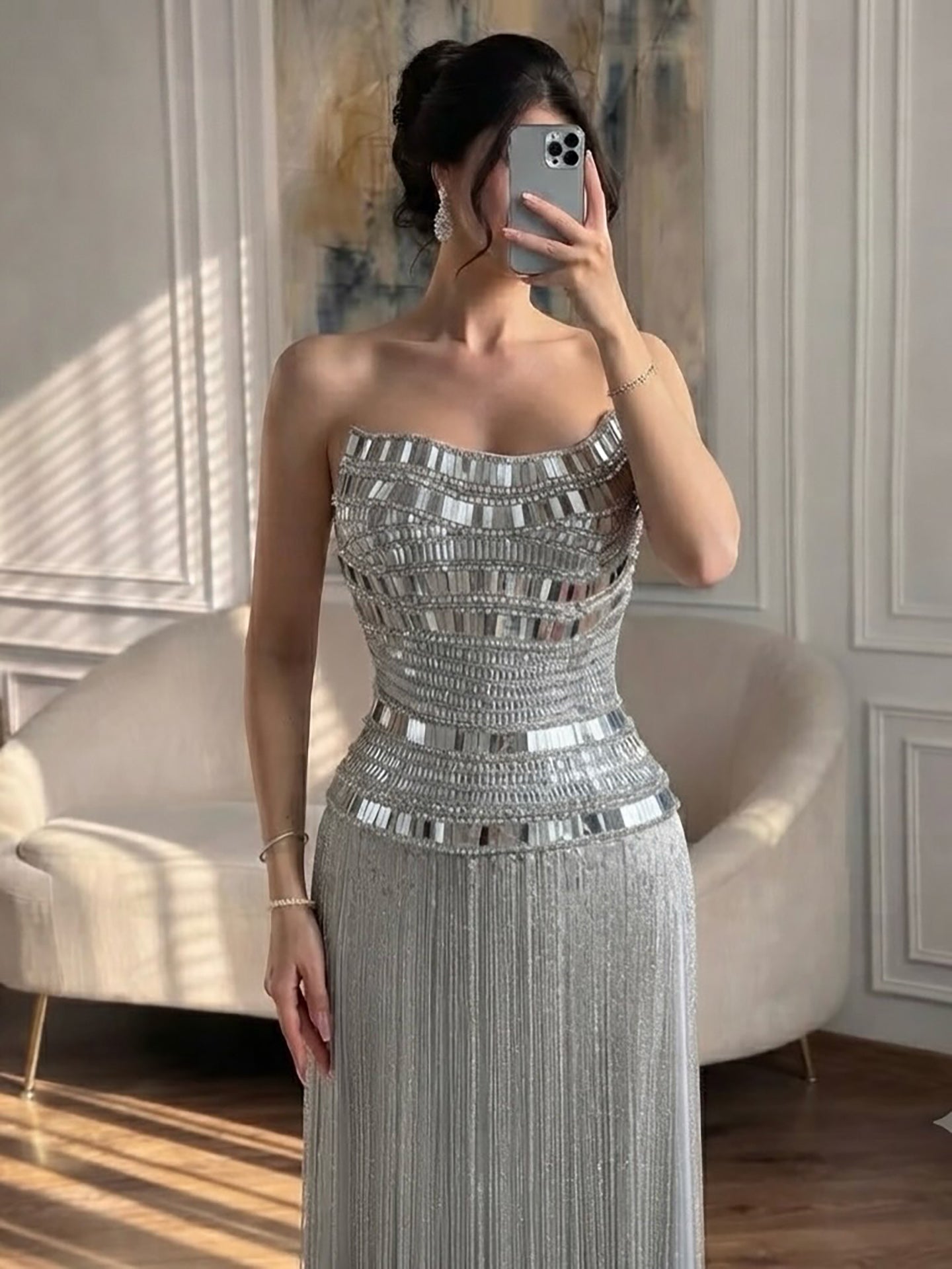 Luxury Gold Crystal Beaded Strapless Tassel Evening Dress LA73785