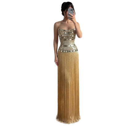 Luxury Gold Crystal Beaded Strapless Tassel Evening Dress LA73785
