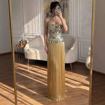 Luxury Gold Crystal Beaded Strapless Tassel Evening Dress LA73785