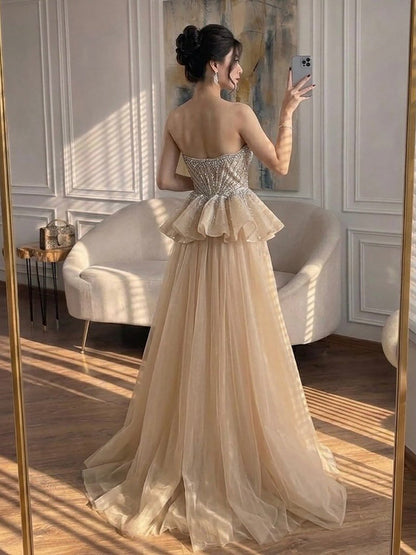 Luxury Nude Crystal Beaded Mermaid Dress with Overskirt LA73786