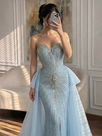 Luxury Nude Crystal Beaded Mermaid Dress with Overskirt LA73786