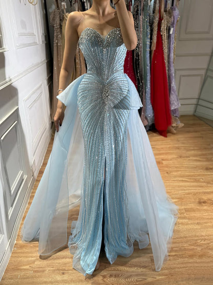 Luxury Nude Crystal Beaded Mermaid Dress with Overskirt LA73786