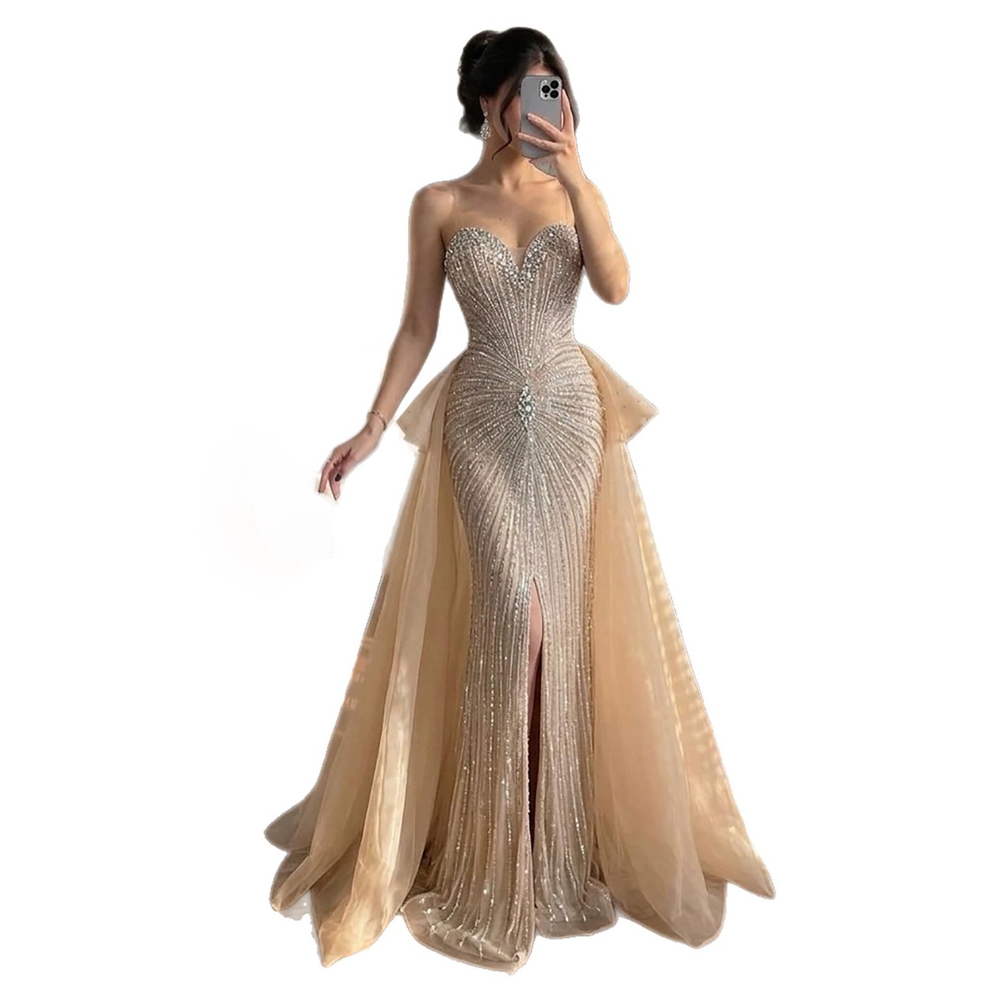 Luxury Nude Crystal Beaded Mermaid Dress with Overskirt LA73786