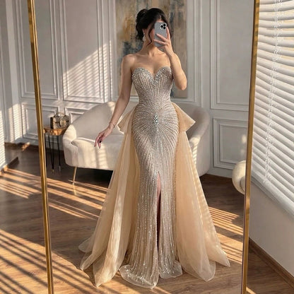 Luxury Nude Crystal Beaded Mermaid Dress with Overskirt LA73786