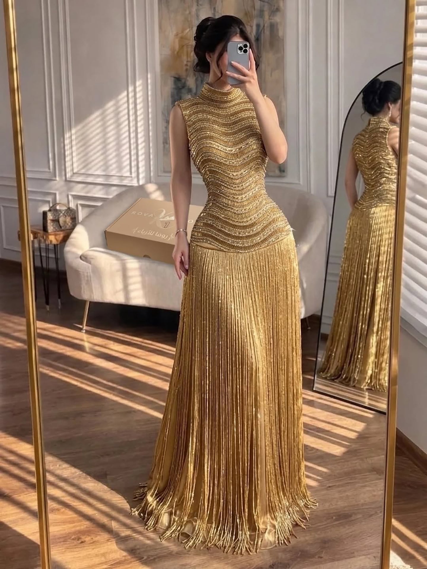 Luxury Gold High-Neck Beaded Gown with Heavy Tassels LA73787