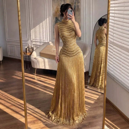 Luxury Gold High-Neck Beaded Gown with Heavy Tassels LA73787