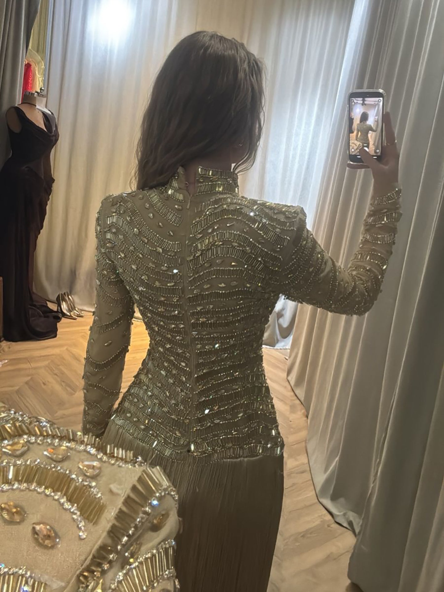 Luxury Gold High Neck Beaded Fringe Long Sleeve Dress LA73787A