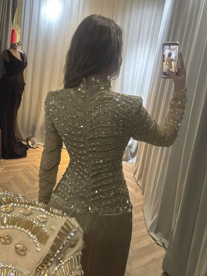 Luxury Gold High Neck Beaded Fringe Long Sleeve Dress LA73787A