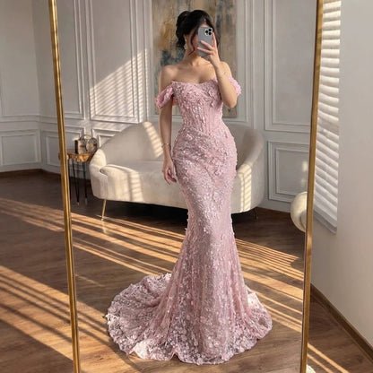 Luxury Pink Mermaid Off-Shoulder 3D Floral Lace Dress LA73788