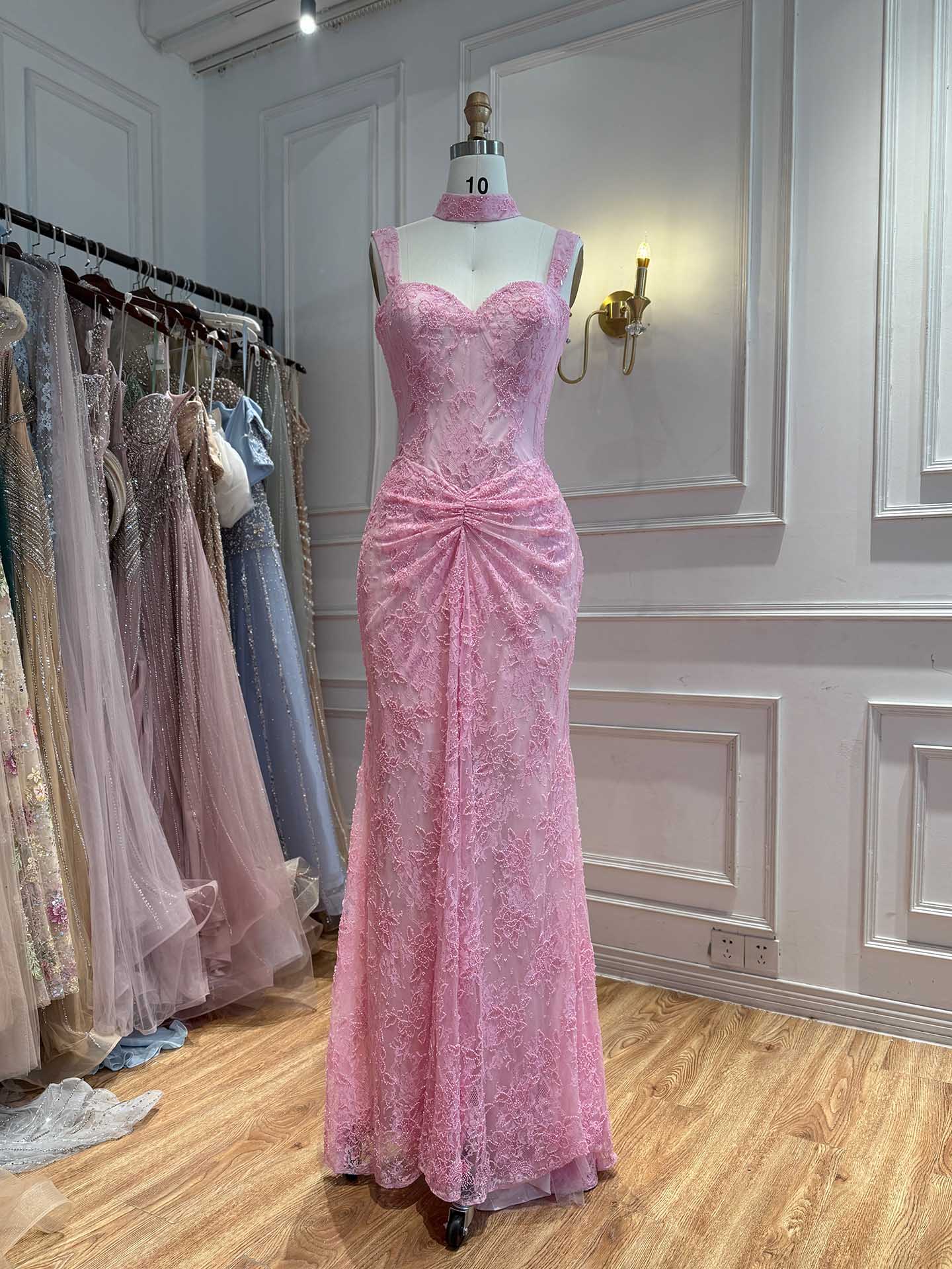 Luxury Pink Beaded Lace Mermaid Evening Dress With Choker LA73789