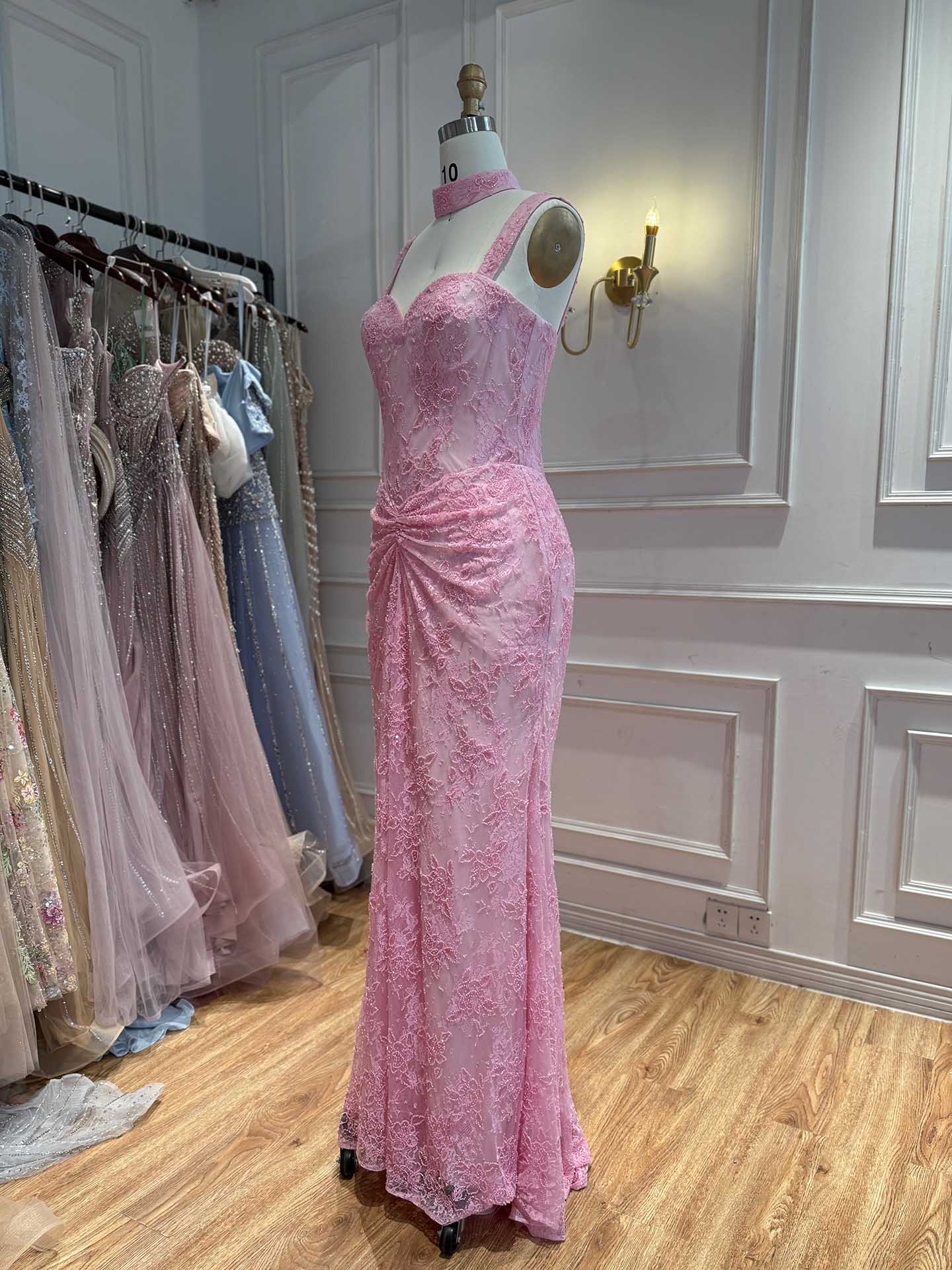 Luxury Pink Beaded Lace Mermaid Evening Dress With Choker LA73789