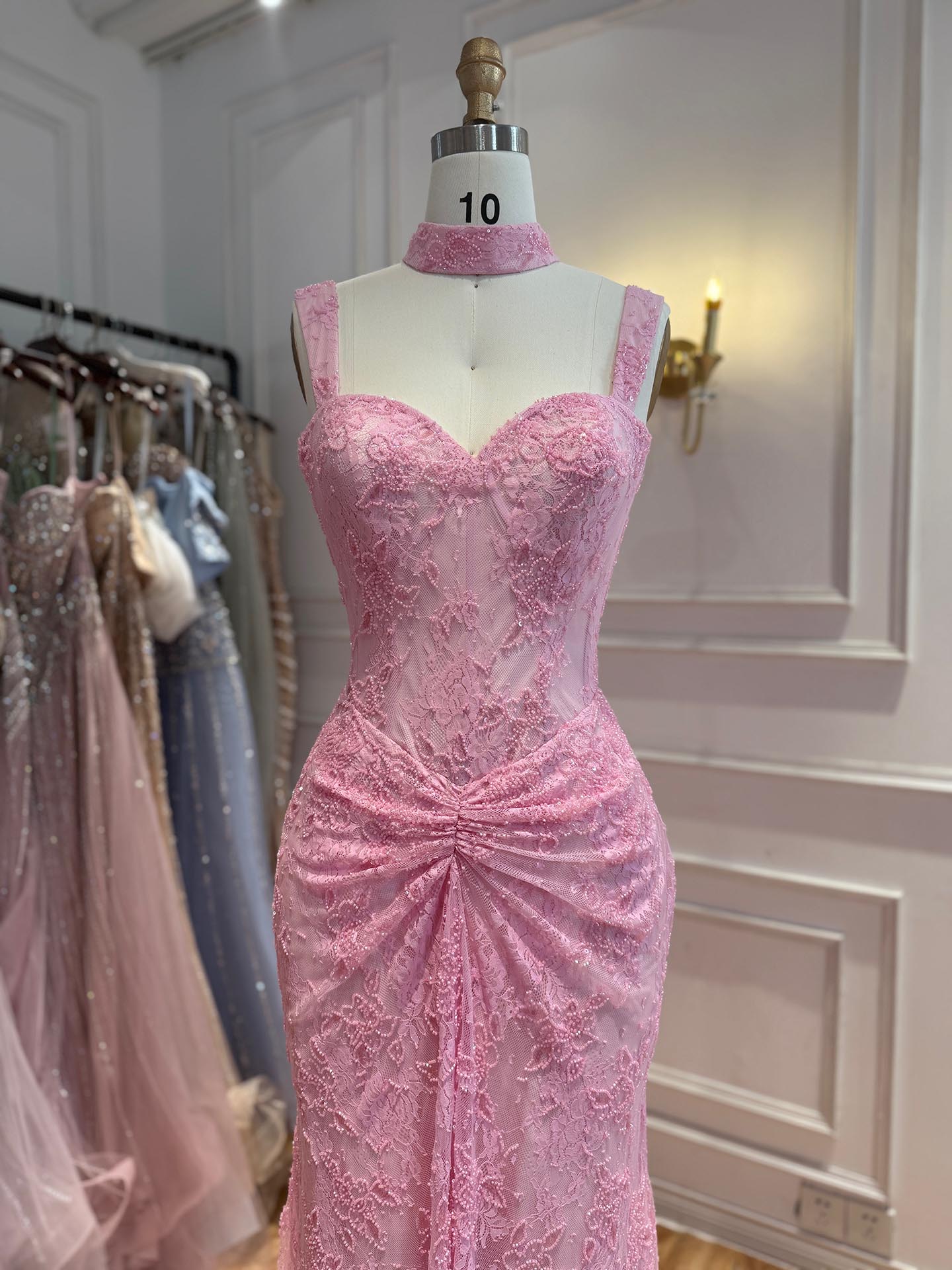 Luxury Pink Beaded Lace Mermaid Evening Dress With Choker LA73789