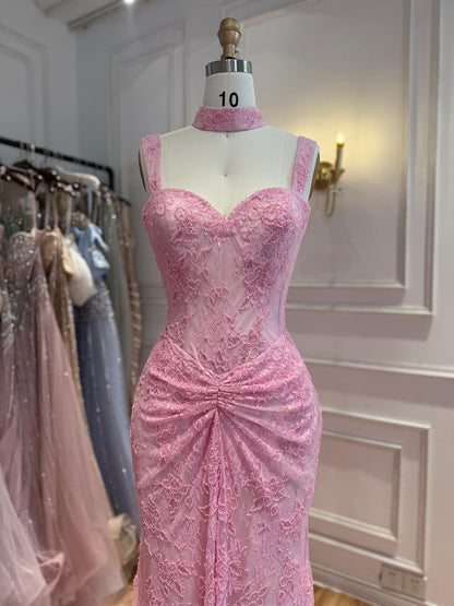Luxury Pink Beaded Lace Mermaid Evening Dress With Choker LA73789