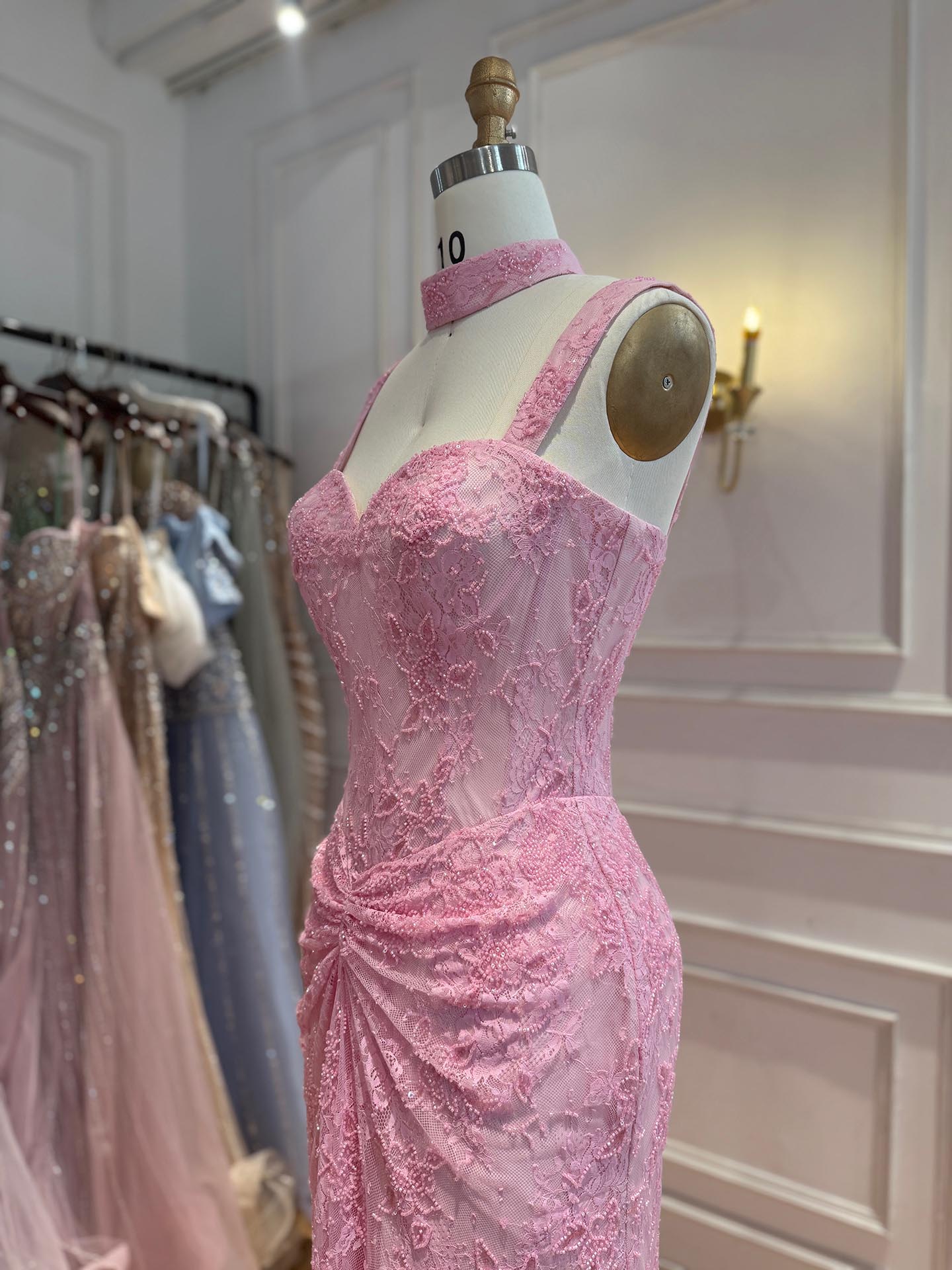 Luxury Pink Beaded Lace Mermaid Evening Dress With Choker LA73789