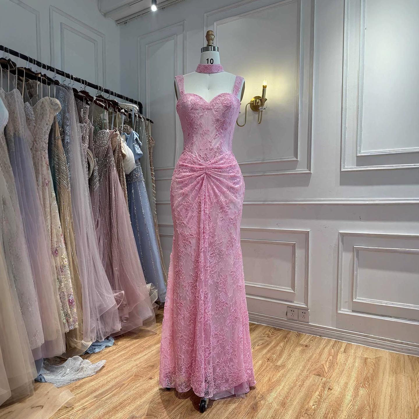 Luxury Pink Beaded Lace Mermaid Evening Dress With Choker LA73789