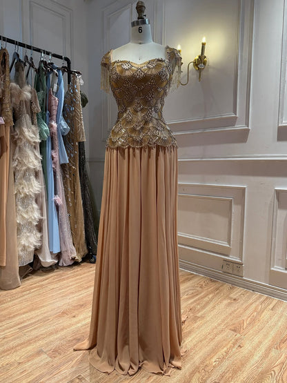 Luxury Gold Beaded Tassel Cap Sleeve A Line Evening Dress LA73790B