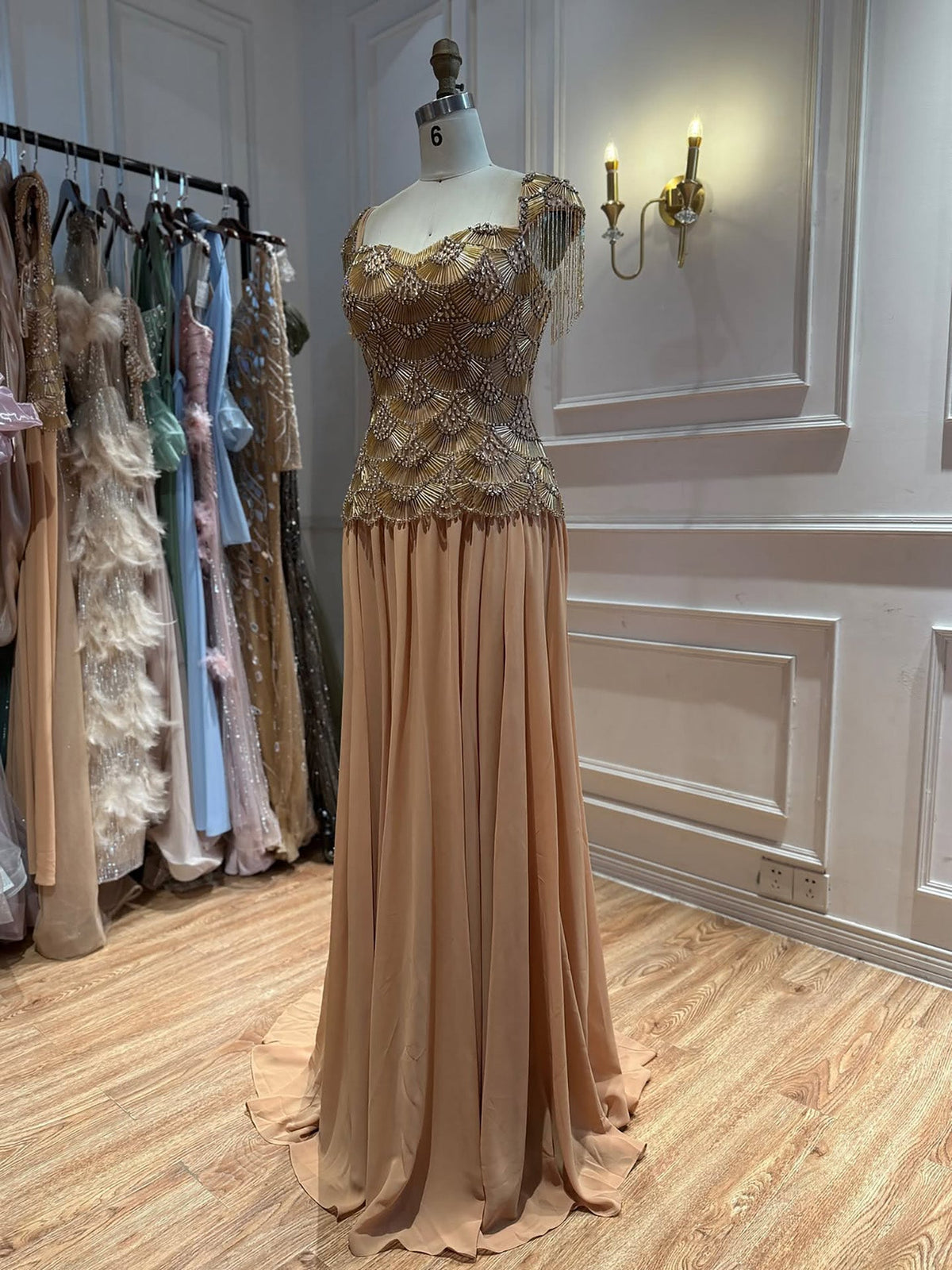 Luxury Gold Beaded Tassel Cap Sleeve A Line Evening Dress LA73790B
