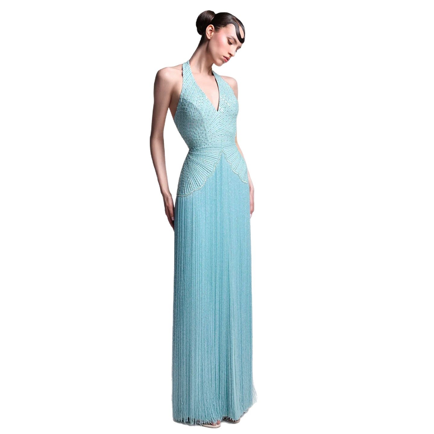 Luxury Blue Halter V-Neck Beaded Fringe Dress LA73795