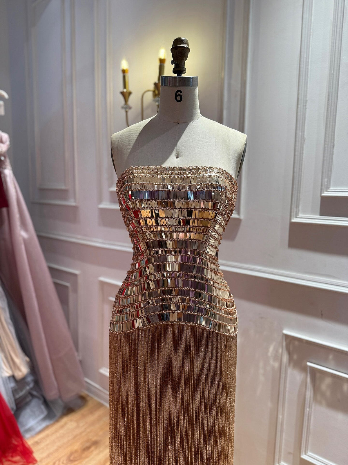 Gold Crystal Mirror Beaded Strapless Tassel Column Dress LA73797