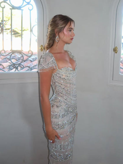 Luxury White Caramel Beaded Cap Sleeve Mermaid Dress LA73798