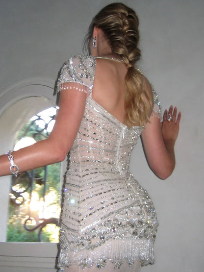 Luxury White Caramel Beaded Cap Sleeve Mermaid Dress LA73798