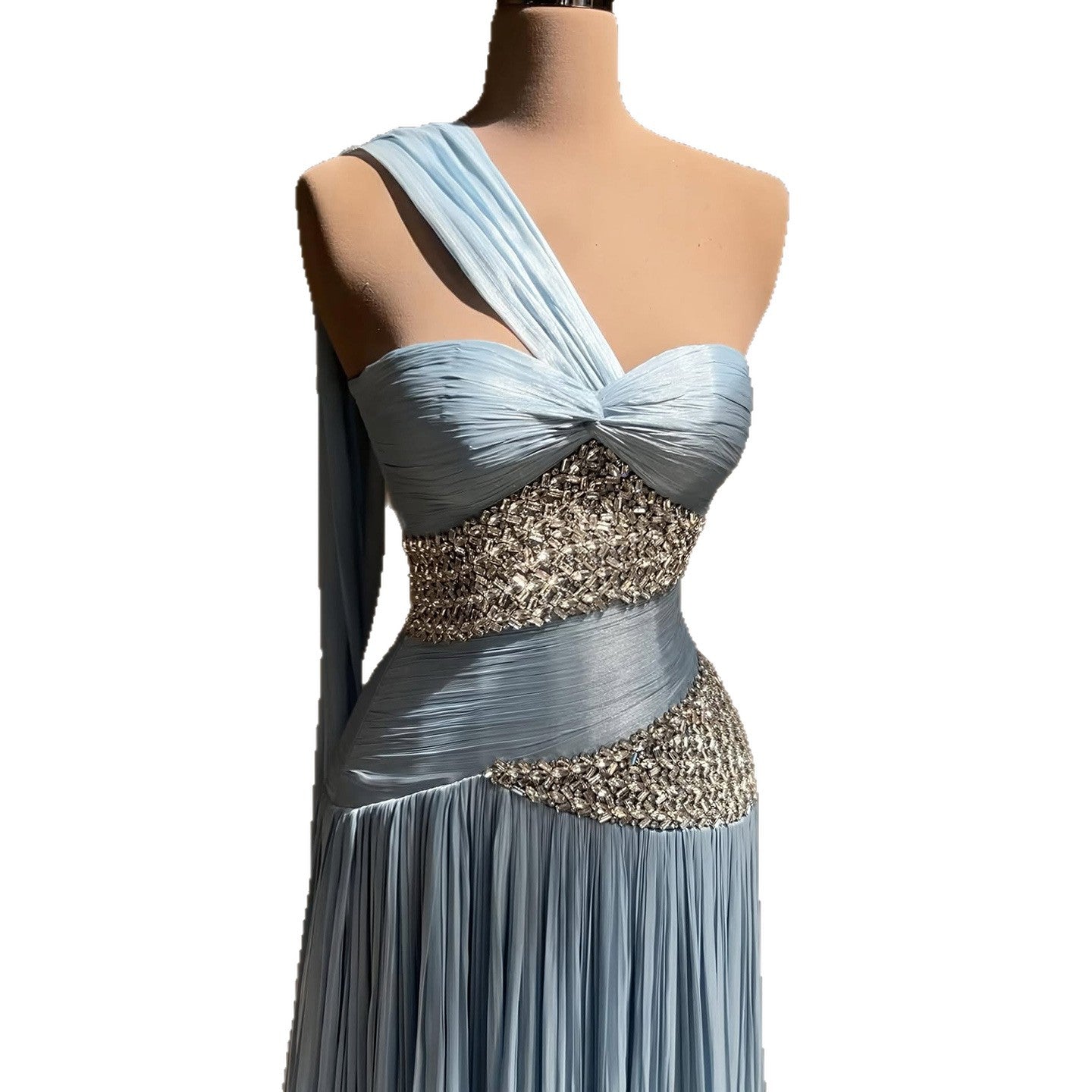 Luxury Blue One Shoulder Crystal Pleated Evening Dress LA73799