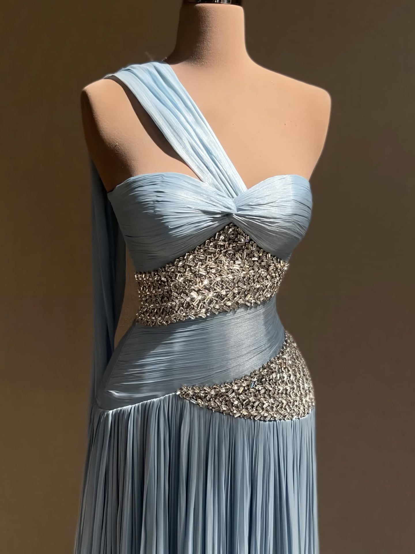 Luxury Blue One Shoulder Crystal Pleated Evening Dress LA73799