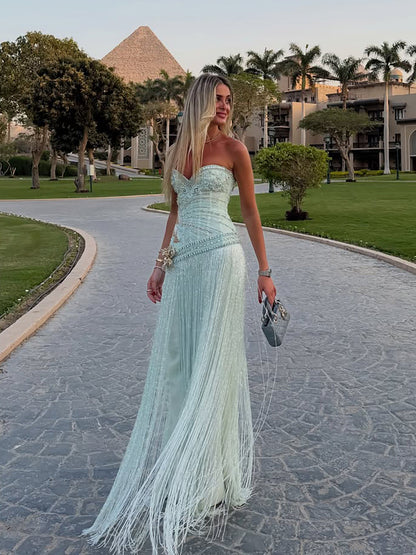Luxury Sage Green Sweetheart Beaded Fringe Evening Dress LA73800