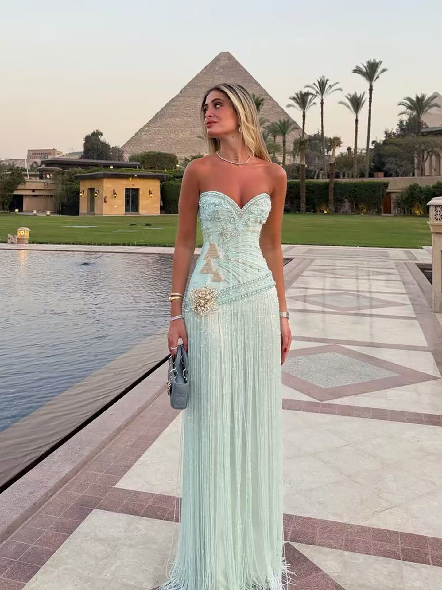 Luxury Sage Green Sweetheart Beaded Fringe Evening Dress LA73800
