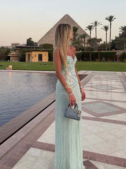 Luxury Sage Green Sweetheart Beaded Fringe Evening Dress LA73800