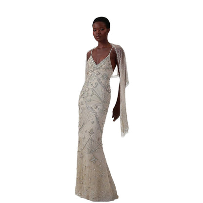 Luxury Champagne Beaded Spaghetti Straps Gown with Detachable Cape LA73801