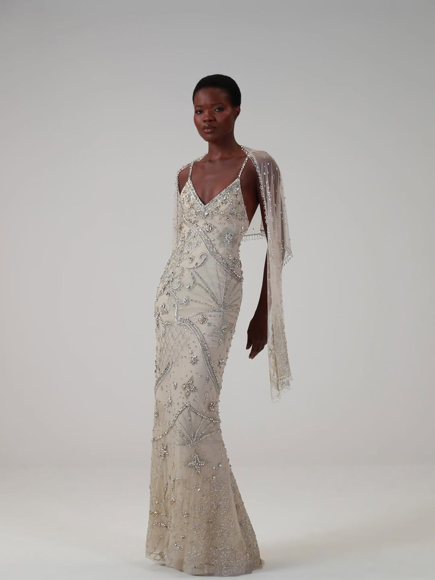 Luxury Champagne Beaded Spaghetti Straps Gown with Detachable Cape LA73801