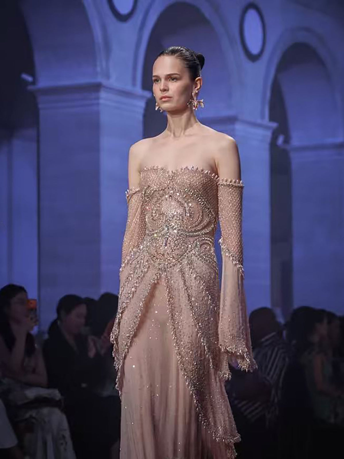 Luxury Nude Pink Beaded Off Shoulder Mermaid Evening Dress LA73801