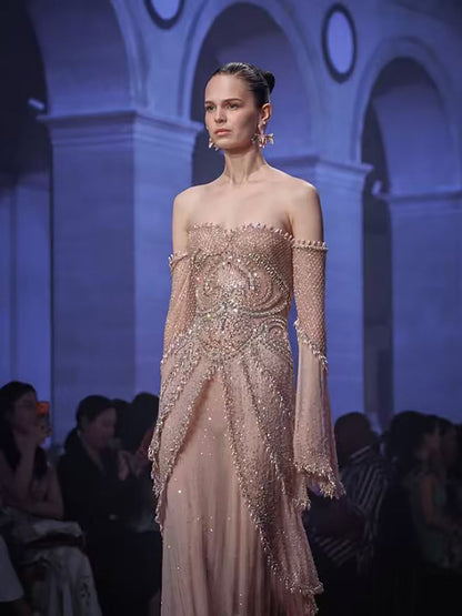 Luxury Nude Pink Beaded Off Shoulder Mermaid Evening Dress LA73801