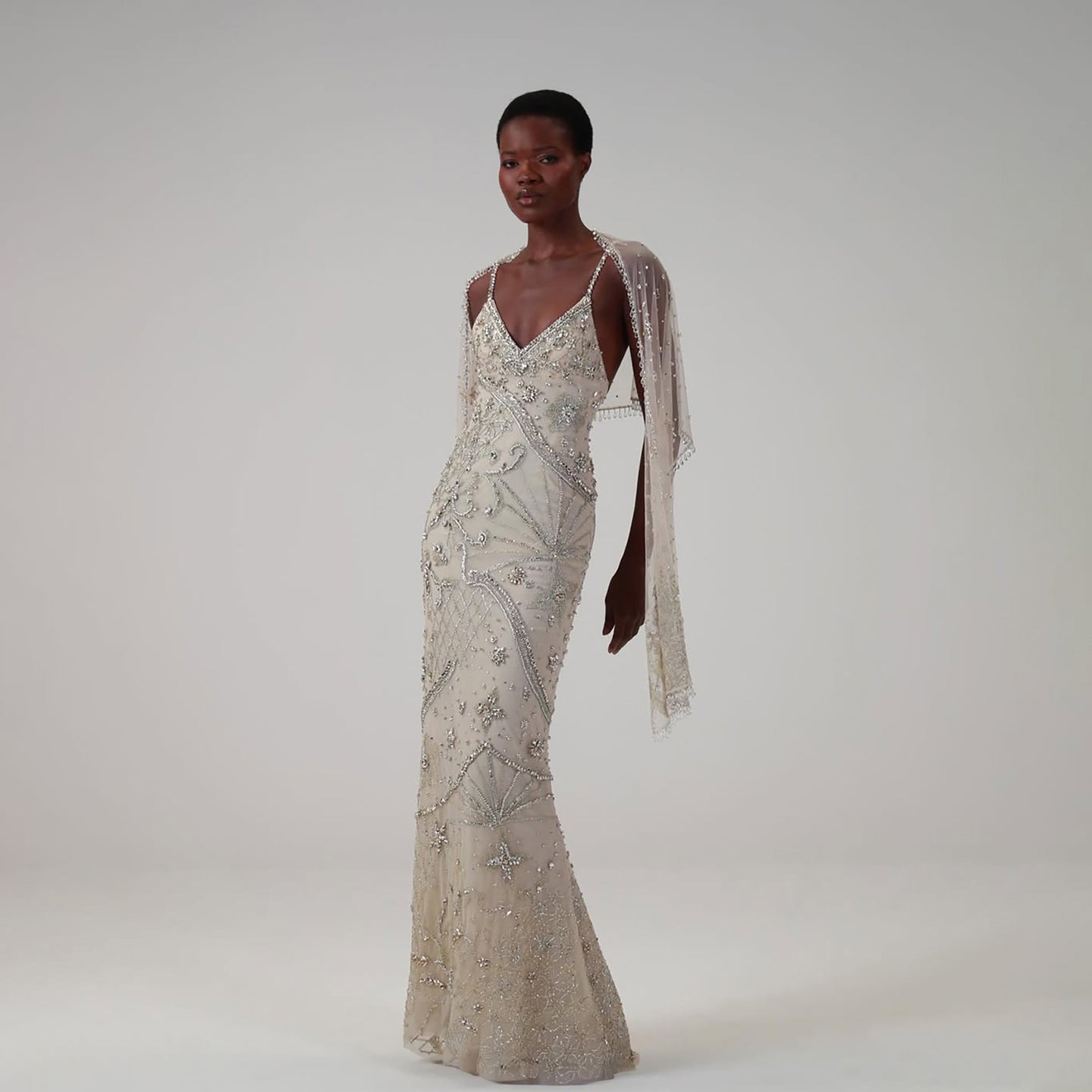 Luxury Champagne Beaded Spaghetti Straps Gown with Detachable Cape LA73801