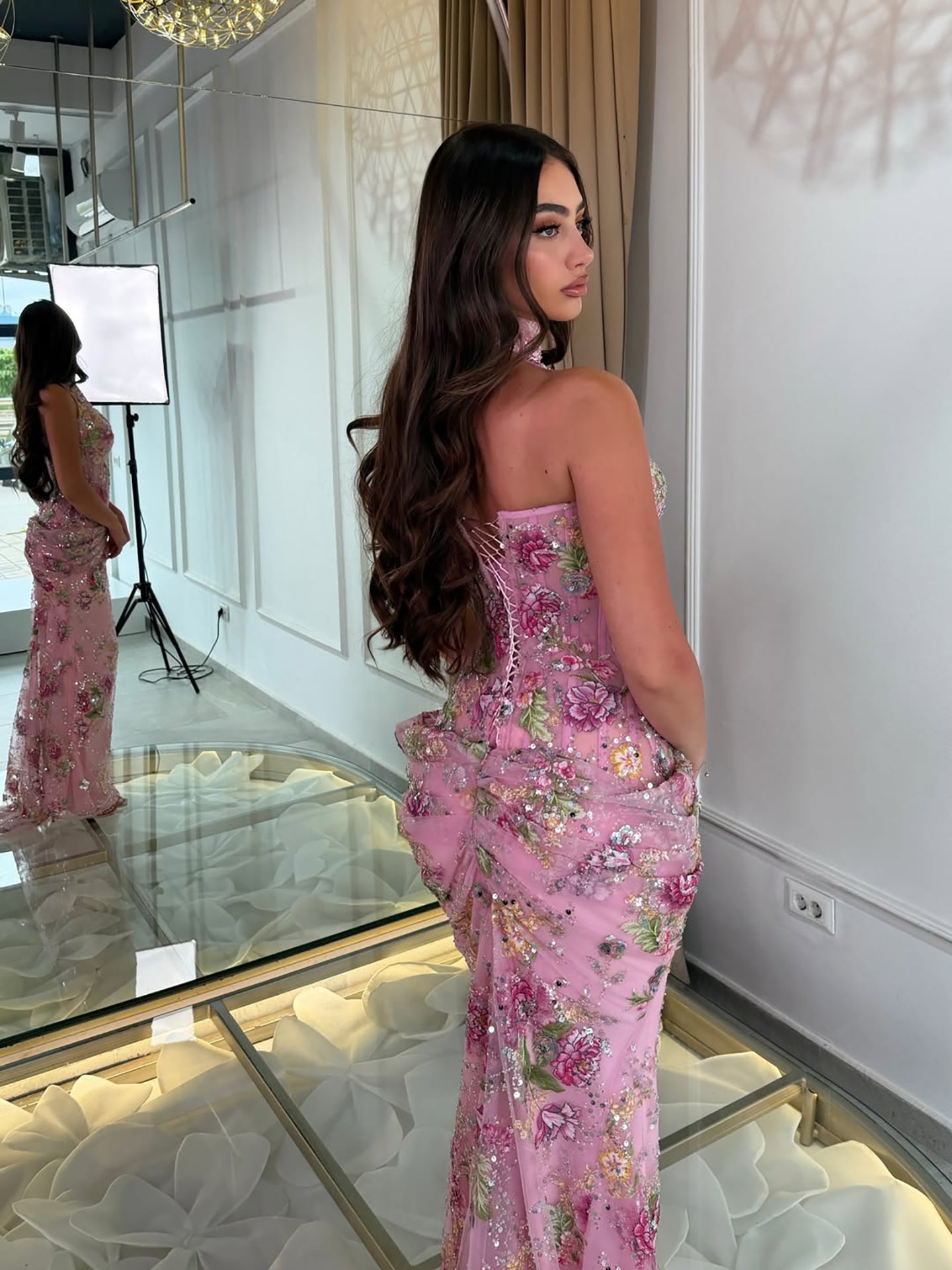 Luxury Peplum Pink Halter Neck Beaded Mermaid Dress LA73802