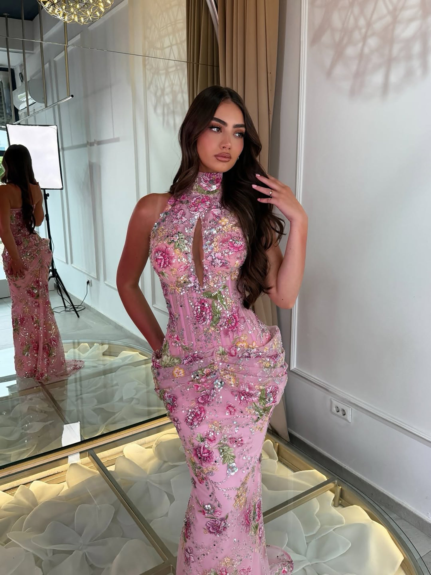 Luxury Peplum Pink Halter Neck Beaded Mermaid Dress LA73802