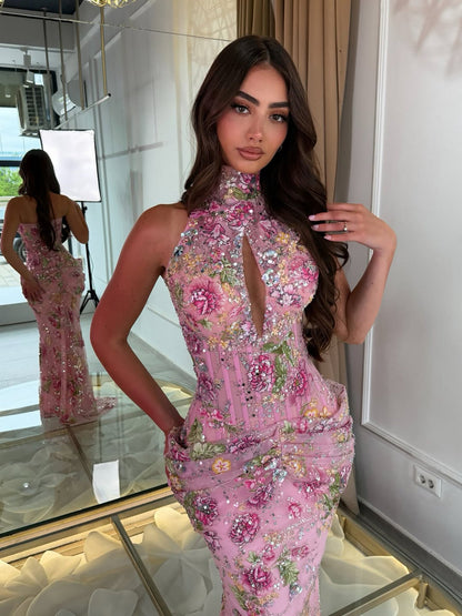 Luxury Peplum Pink Halter Neck Beaded Mermaid Dress LA73802