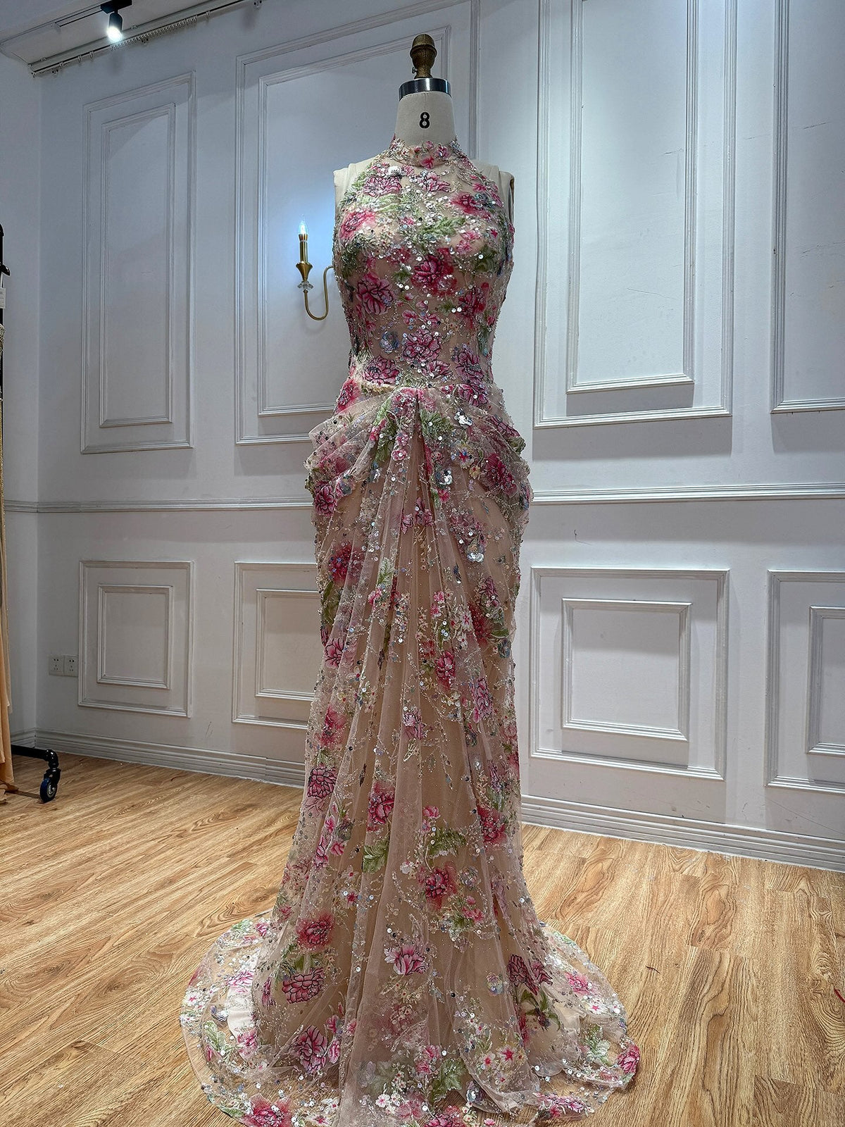 Luxury Peplum Nude Pink Halter Neck Beaded Mermaid Dress LA73802A